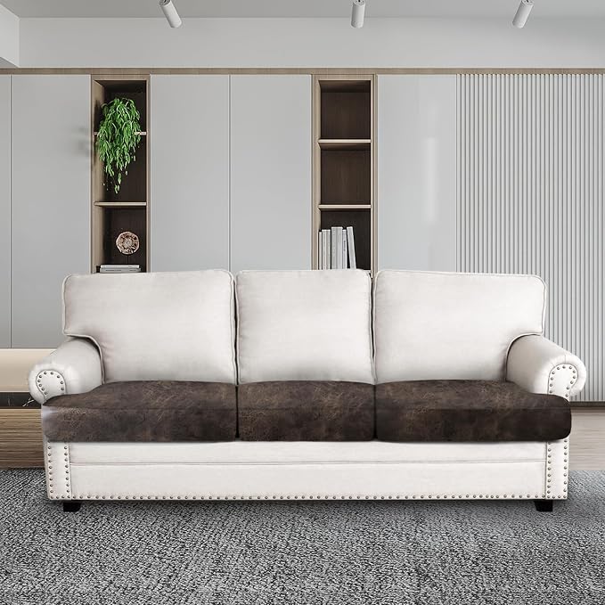 ANARACHON Leather Look Couch Cushion Covers Sofa Seat Slipcovers Sets Couches Furniture Protector for Sectional Armchair Loveseat Pets Kids Stretch Spandex Fabric (3 T-Cushion Sofa, Brown) - Image 2