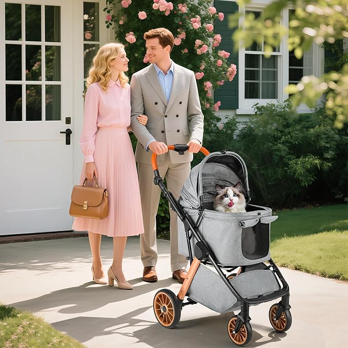 MAMIZO Foldable Dog Stroller for Medium Dogs Cats Up to 55 Lbs, Adjustable Height Handle, Pet Stroller with Aluminum and Carbon Steel Frame, Sun Shades, Storage Basket & Shock Absorbers, All-Terrain