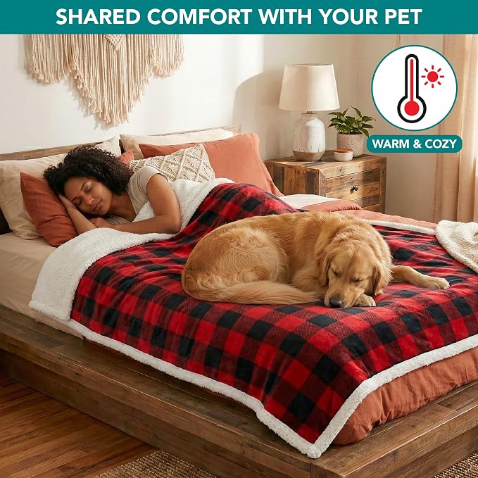 PetAmi Waterproof Dog Blanket for Couch, Extra Large 80x60, Pee Proof Sherpa Fleece Reversible Pet Throw, Furniture Protector for Bed Sofa Crate Kennel, Soft Washable Cover for Dog Cat, Plaid Red - Image 4