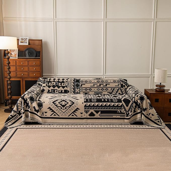 VClife Boho Couch Cover, Aztec Sofa Cover for Dog, Non Slip Washable Couch Covers for 3 Cushion Couch Sofa, Reversible Triangle Geometric Futon Cover Furniture Protector (Black-Beige, 71" x 134") - Image 8