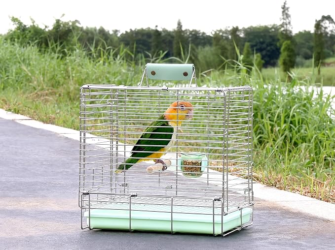 Bird Carrier Travel Cage - 304 Stainless Steel Portable Folding Bird Travel Cage with Parrot Feeder Cups & Standing Perch for Smaller Birds Conures Lovebird Cockatiel Parakeets (Green) - Image 2