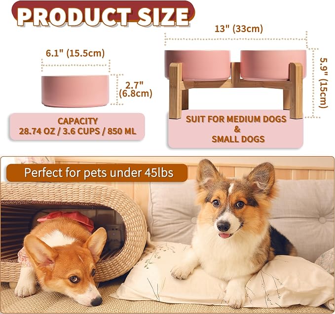 Elevated Ceramic Dog Bowl, 3.6 Cups Dog Food and Water Bowl Set with Stand | 6.1'' Double Dog Feeding Dishes, Non-Slip Raised Dog Feeder for Small and Medium Breeds, 28.74 OZ / 850 ML, White - Image 2