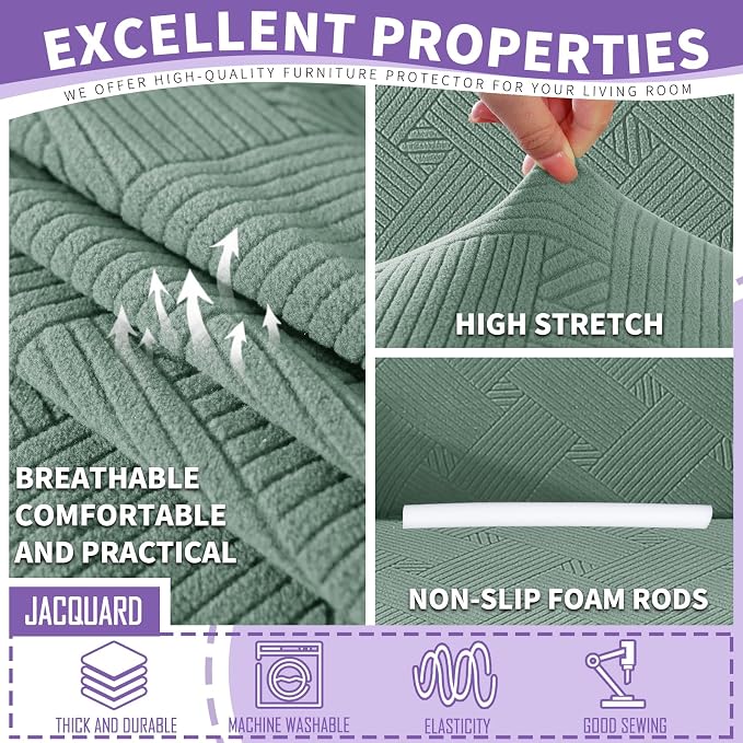 ZNSAYOTX 3 Piece Stretch Loveseat Covers (55"-69"), Thick Striped Sofa Covers for 2 Cushion Couch with Elastic Band Bottom Ties Non-Slip Stay in Place, Soft Durable Love Seat Slipcovers, Pea Green - Image 3