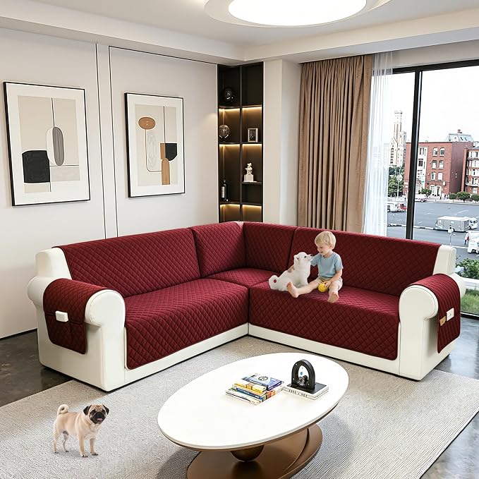 Sectional Couch Covers for Dogs 100% Waterproof Corner L Shaped Sofa Cover Pet Friendly Velvet Washable Anti Slip L Shape Modular Sofa Slipcover Protector with Pockets (Wine Red, Small) - Image 6