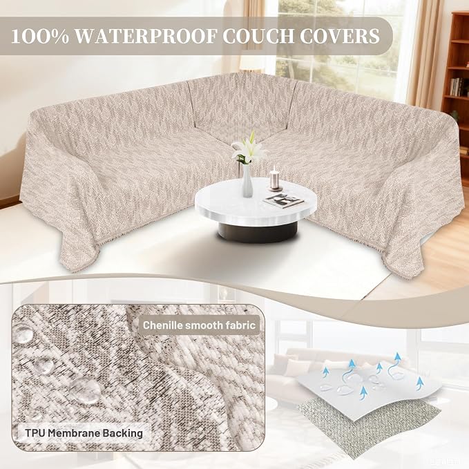 1OO% Waterproof Sectional Couch Covers for Dogs L Shaped Corner Sofa Cover Washable Chenille Sofa Slipcovers Blanket Modern Jacquard Pet Furniture Protector (91"x276", Light Khaki) - Image 4
