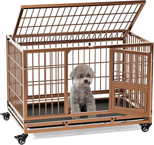 Gardner Pet 32 Inch Heavy Duty Dog Crate with Wheels, Folding Metal Dog Cage for Puppy/Small and Medium Dogs, Indestructible Dog Crate with Removable Tray (Brown)