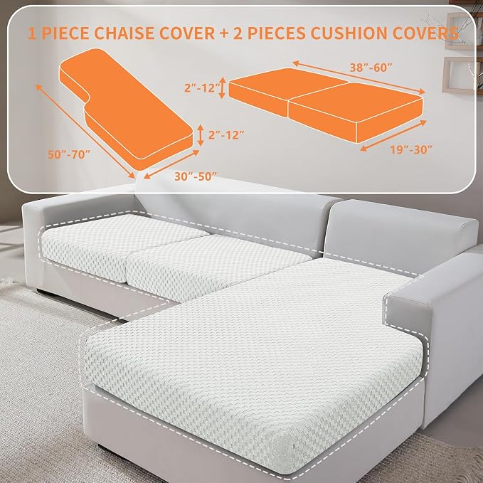 YEMYHOM Couch Cushion Covers for Sofa, Stretch Sectional Couch Seat Cushion Covers Washable Thick Furniture Protector Sofa Slipcovers for Pets (2 Seater + 1 Chaise, White) - Image 2