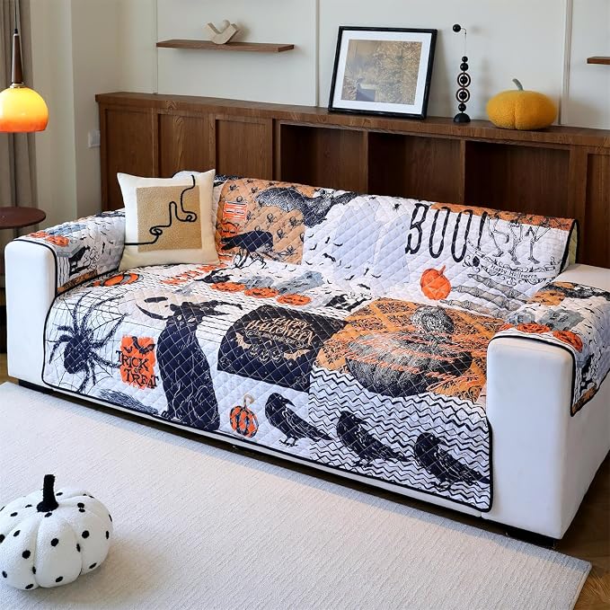 Cmfshape Halloween Skidproof Sofa Cover-Festival Sofa Slipcover with Elastic Straps-Easy Fit Slip Cover-Patchwork Washable Furniture Protector for Pets and Kids(Loveseat,Black&Orange) - Image 2