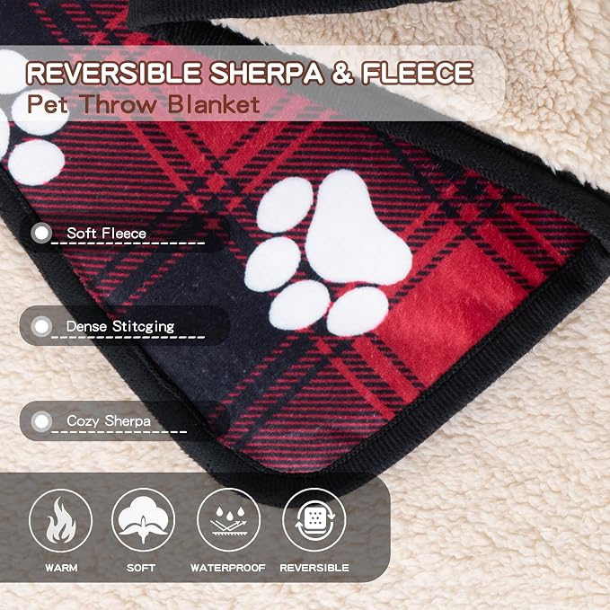Waterproof Dog Blankets Pet Blanket 50"x60", Soft Fluffy Sofa Car Bed Protector, Reversible Sherpa Fleece Dog Blanket for Large Dogs Christmas Decor(Paw Red) - Image 4