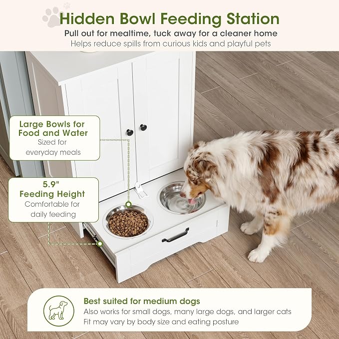 Dog Feeding Station with Storage Cabinet, White Wood Dog Cabinet with 2 Elevated Stainless Steel Bowls, Hidden Pull-Out Feeder Drawer, Pet Feeding Station for Kitchen and Living Room - Image 3