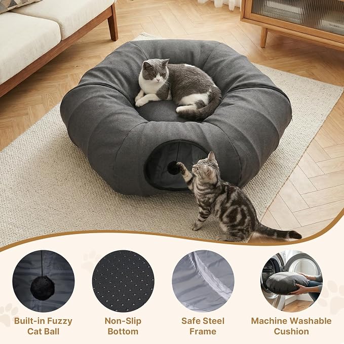 Cat Tunnel Bed for Indoor Cats, Cooling Natural Linen Cat Tunnel, Breathable 29.5in Kitten Toys Cat Tunnel with Washable Mat, Round Pet Tunnel for Kittens, Squirrels Dark Grey - Image 6