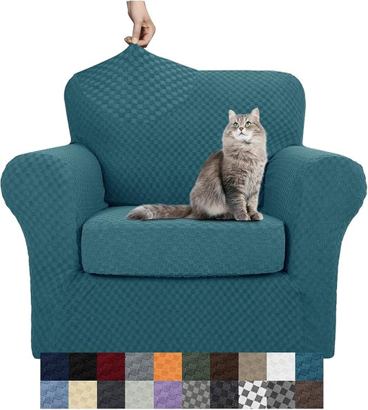 YEMYHOM Latest Checkered 2 Pieces Chair Covers for Living Room High Stretch Thickened Chair Slipcovers with Arms Anti Slip Elastic Armchair Sofa Couch Slipcover Protector (Teal), 31"-46"(1 Cushion) by YEMYHOM