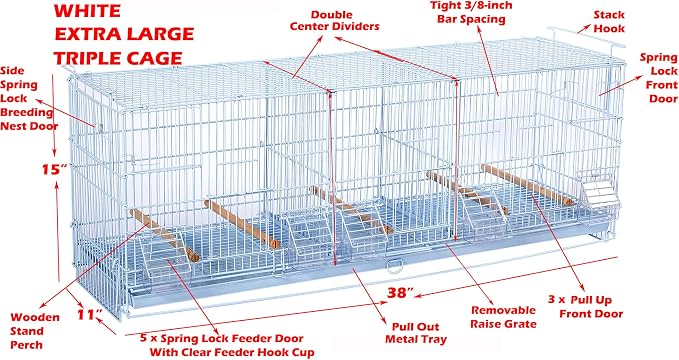 Extra Large 38"x11"x15"H Stackable Breeder Bird Flight Triple Cage Side Breeding Nest Box Door Double Removable Center Dividers with Removable Rolling Stand - Image 2
