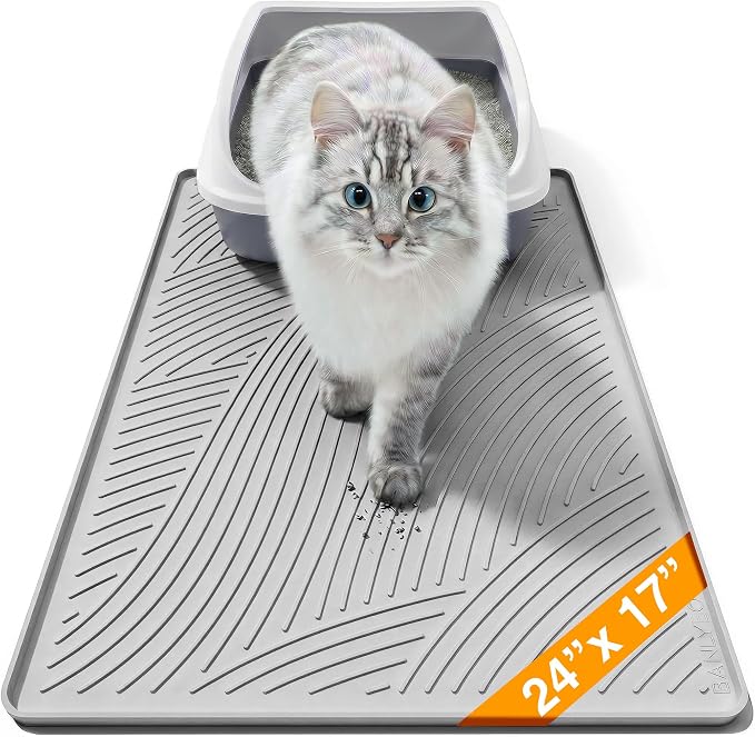 Cat Litter Box Mat - SM Small Medium Size 24 x 17 in, Water Proof, Kitty Litter Trapping Mat, Easy to Clean, Scatter Control, Odorless, Pet Supplies for Indoor Cats, Light Gray by BANLYEO