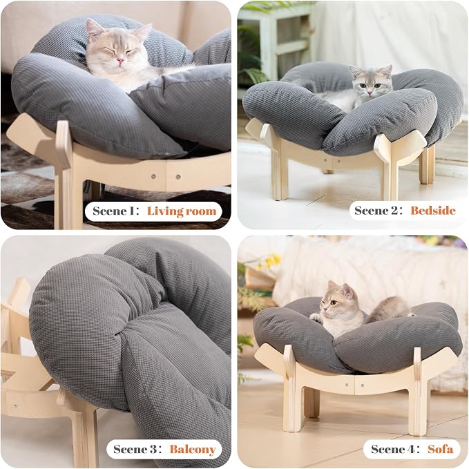CHEERHOME PETS Elevated Cat Bed Wooden with Cushion Fluffy Pet Couch Sofa for Indoor Cats Raised Kitty Lounge Chair Suitable for Puppy, Cat Furniture(Gray) - Image 8