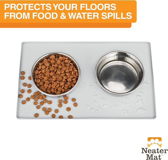 Neater Pet Brands Neater Mat Pet Mats for Food and Water, Cat & Dog Bowl Mat Waterproof Silicone, Feeding Tray, Dog Food Mats for Floors, Placemat w/Raised Edge for Under Bowls, 19” x 12”, Light Gray - Image 2