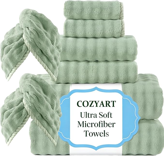 COZYART Lint Free 8 Pcs Bathroom Towel Set Ultra Soft Microfiber Sage Green | Ultra Soft, Fluffy, Thick, Highly Absorbent, Quick Dry, No Shedding, No Pilling, Fade Resistant, Durable, Long-lasting by COZYART