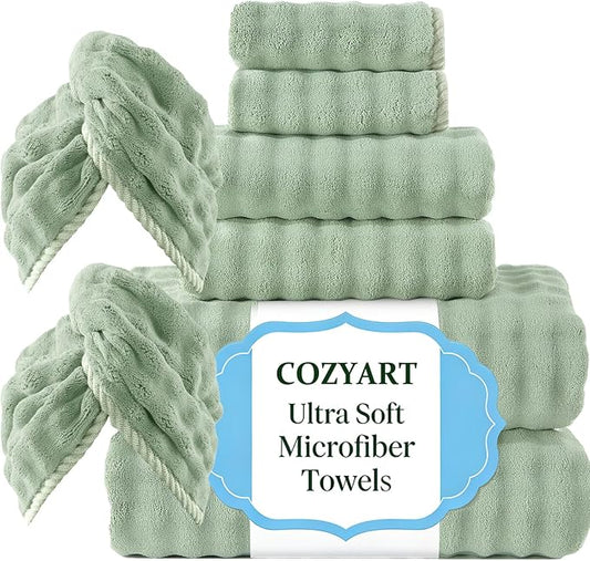 COZYART Lint Free 8 Pcs Bathroom Towel Set Ultra Soft Microfiber Sage Green | Ultra Soft, Fluffy, Thick, Highly Absorbent, Quick Dry, No Shedding, No Pilling, Fade Resistant, Durable, Long-lasting by COZYART