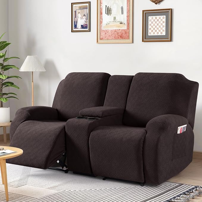 VANSOFY Stretch Recliner Loveseat Cover with Middle Console, Chocolate | 4-Pieces, Soft Furniture Protector, Washable Slipcover with Pocket, Pets Sofa Cover, High Stretchy fabric Couch Cover - Image 7