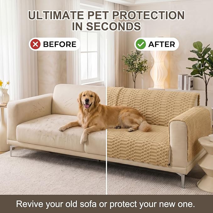 Smiry Waterproof Couch Covers for Dogs Washable, Non Slip Pet Sofa Cover | Plush Scratch Resistant Flannel Furniture Protector for Dogs, Camel, 36" x 94.5" - Image 7