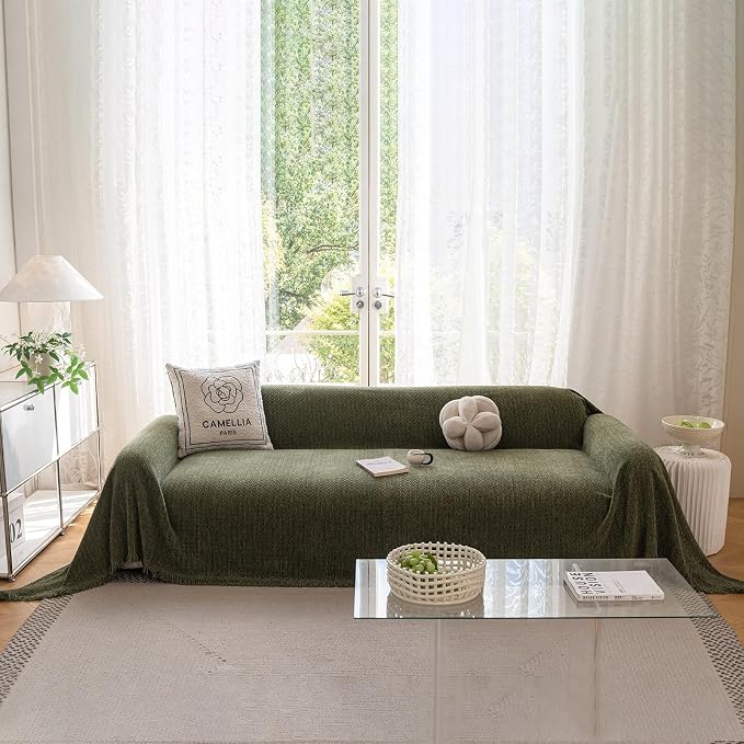 ROOMLIFE Green Sofa Cover, Vintage Boho Couch Cover for 3 Cushion Sofa, Non Slip Soft Chenille Sofa Slipcovers for Dog, Washable Furniture Sofa Protector Cover with Tassel for Living Room, 71''X150” - Image 7