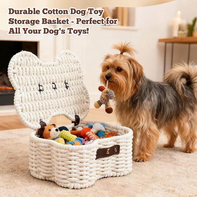 Dog Toys Basket, Cotton Rope Bin Bone Shaped Pet Toys Organizer, Handmade Pet Toy Bin, Woven Baskets for Storage, 14.96" x 11.22" x 6.5"inch - Image 4