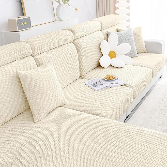 Smiry Waterproof Couch Cushion Covers, Non Slip Seat Cushion Covers | Stretch Jacquard Chaise Lounge Sofa Slipcover, Washable Elastic Furniture Protector for Pets, Back Cover L, Biege by Smiry