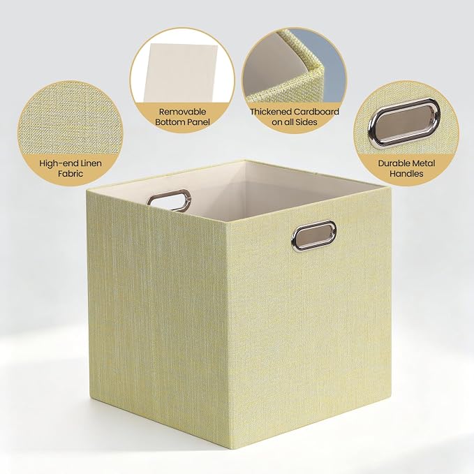 Posprica Foldable Storage Bins,13×13×13 Storage Cubes Boxes Baskets Containers for Shelf Bookcase,Thick Fabric Drawers - Set of 4, Yellow/Beige mixed - Image 3
