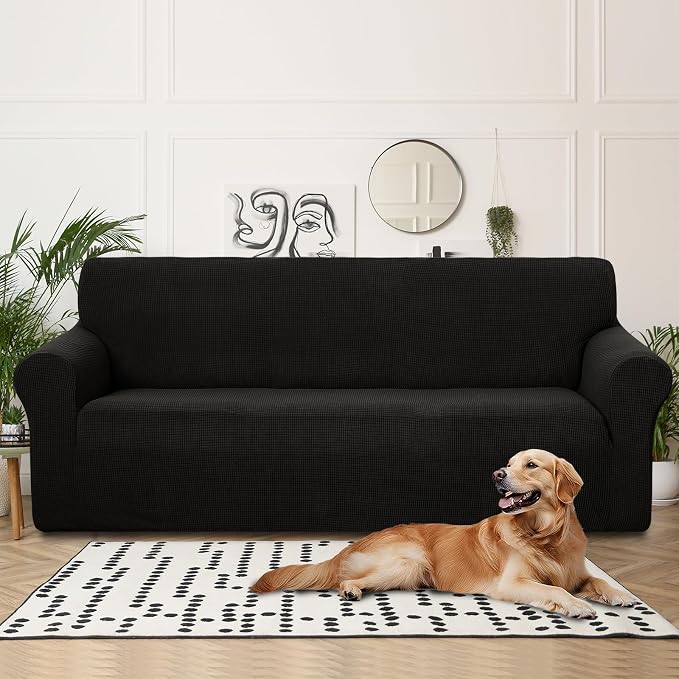 U-NICE HOME 4 Seater Stretch Couch Cover for 3 Cushion Sofa, Black | 1-Piece Sofa cover, Washable, Pet friendly, Furniture protector, Polyester Spandex Jacquard fabric - Image 2