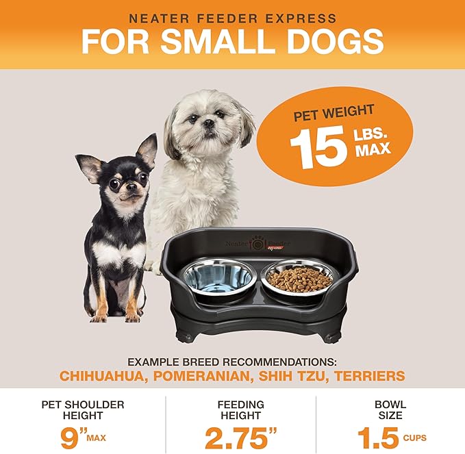 Neater Feeder Express Mess Proof Dog Bowls Elevated for Small Breeds Under 15 Lb, Made in USA, No Spill Raised Dog Food Bowl Stand, Stainless Steel Food and Water Bowl Set, Feeding Station, Black - Image 2