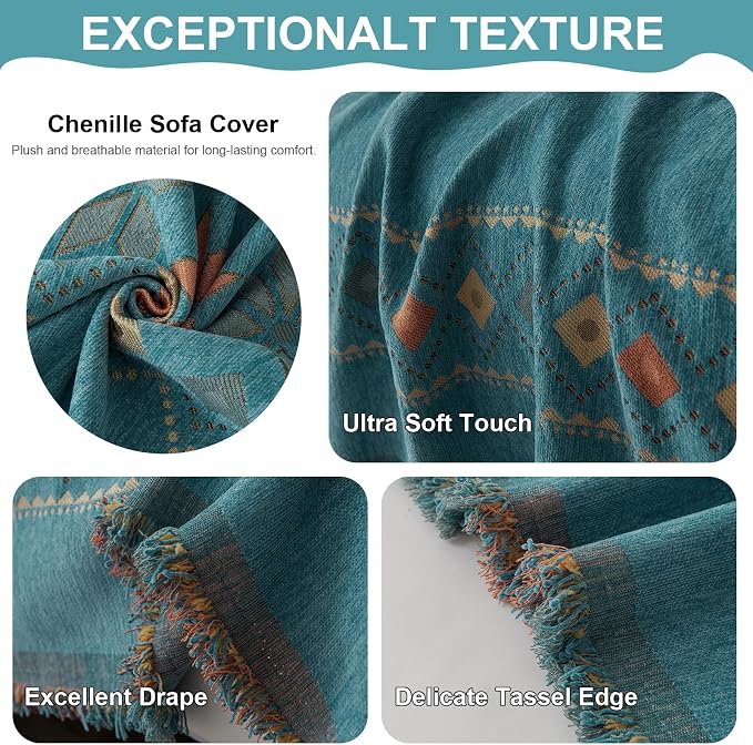 VClife Boho Couch Cover Green Geometric Jacquard Pattern Sofa Cover, 1 Piece Large Couch Covers for 3 Cushion Couch Sofa Washable Plush Chenille Sofa Protector for Living Room, 71x150 Inch - Image 6