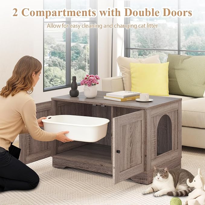 Tangkula Cat Litter Box Enclosure, Wooden Kitty Washroom Cabinet w/Winding Entry & Cat Hole, with Divider, Hidden Double Enclosed Litter Box Furniture for Living Room, Bedroom, Entryway (Grey) - Image 6