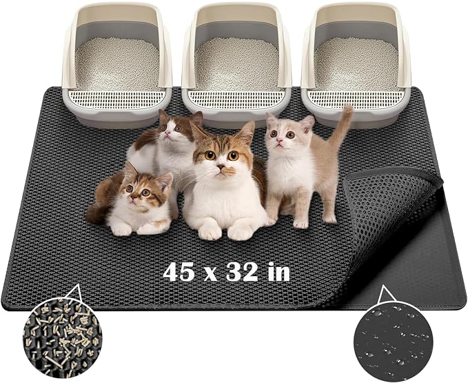 Cat Litter Mat - Extra Large XL 45"x32" Cat Litter Trapping Mat,Honeycomb Double Layer Traps Litter,Washable & Urine Proof,Non-Toxic,Soft EVA Litter Box Mat for Multi-Cat Homes(Black) by PetProducts