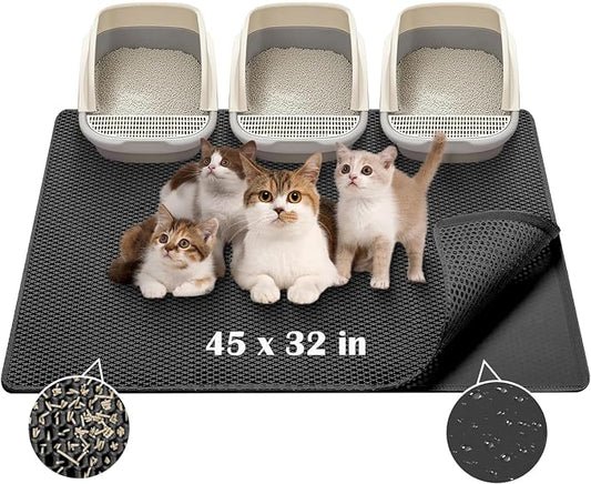 Cat Litter Mat - Extra Large XL 45"x32" Cat Litter Trapping Mat,Honeycomb Double Layer Traps Litter,Washable & Urine Proof,Non-Toxic,Soft EVA Litter Box Mat for Multi-Cat Homes(Black) by PetProducts