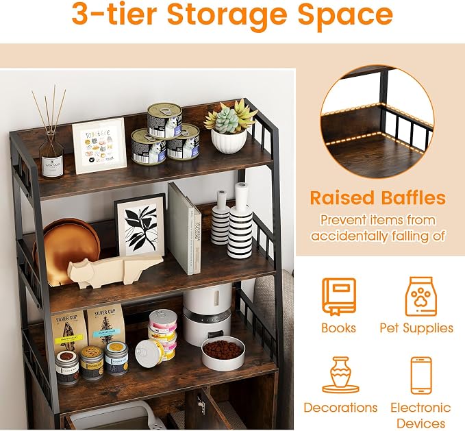PETSITE Cat Litter Box Enclosure with Storage Shelves, 52 Inches Tall Hidden Litter Box with Charging Station, Scratching Board, and Winding Entry (Rustic Brown) - Image 8