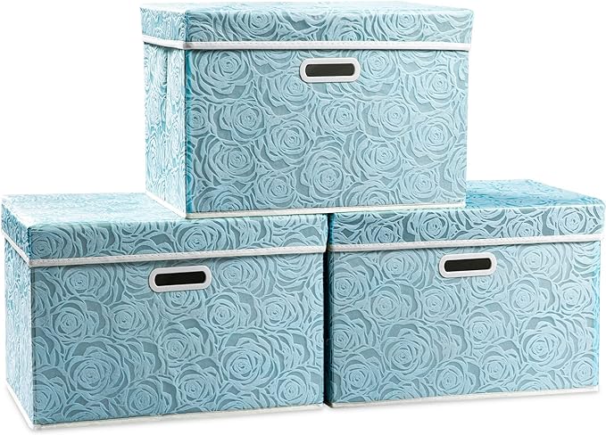 PRANDOM Larger Collapsible Storage Cubes with Lids Fabric Decorative Storage Bins Boxes Organizer Containers Baskets with Cover Handles for Bedroom Closet Living Room Blue 17.7x11.8x11.8 Inch 3 Pack by Prandom