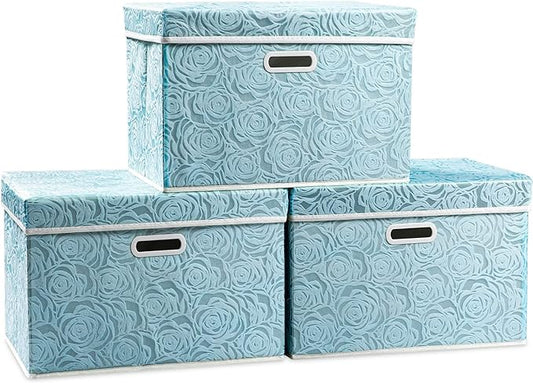 PRANDOM Larger Collapsible Storage Cubes with Lids Fabric Decorative Storage Bins Boxes Organizer Containers Baskets with Cover Handles for Bedroom Closet Living Room Blue 17.7x11.8x11.8 Inch 3 Pack by Prandom