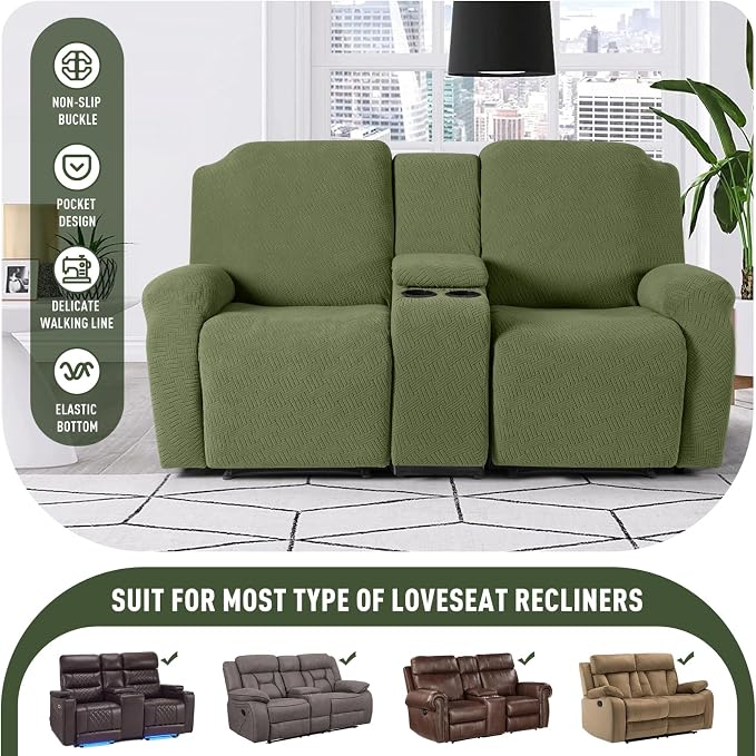 KinCam Loveseat Recliner Covers with Middle Console Slipcover, Olive Green | Stretch Recliner Sofa Covers for 2 Seat Couch Cover, Jacquard Furniture Protector Covers with Elastic Bottom for Kids, Pets - Image 2