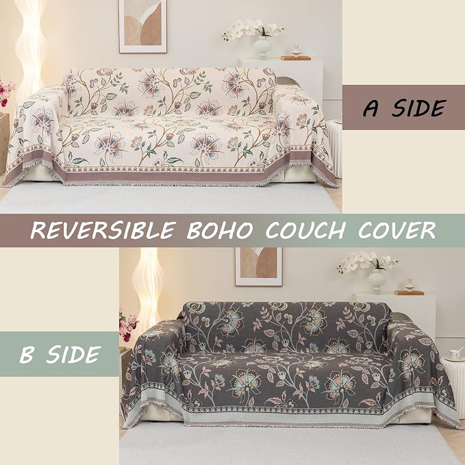 Floral White Jacquard Boho Couch Cover - Washable Decorative Chenille Sofa Slipcover for Kids and Pets, 1 Piece Non Slip Furniture Protector, Multi-Use Blankets (XLarge, 71" x 134") - Image 2