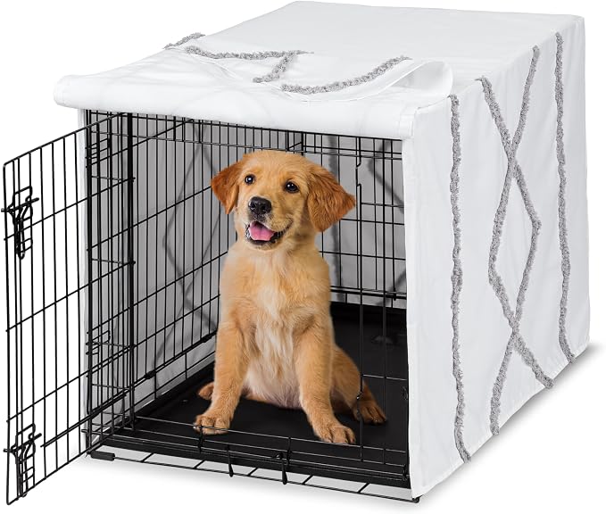 Sweet Jojo Designs 36in. Medium Dog Crate Cover (Grey Boho Modern Tuft) Pet Cage, Kennel Covers (Bohemian, Farmhouse, Shabby Chic, Designer, Neutral, Elegant, Minimalist, Gray and White Tufted Cotton) by SweetJojoDesigns