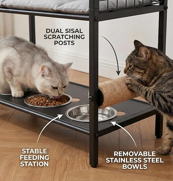 Cat Feeding Station Furniture with Scratching Post, 3-Tier Cat Food Organizer & Storage, Raised Feeding Stand with 2 Stainless Steel Bowls, Space-Saving Cat Shelf for Small Spaces, Black - Image 6