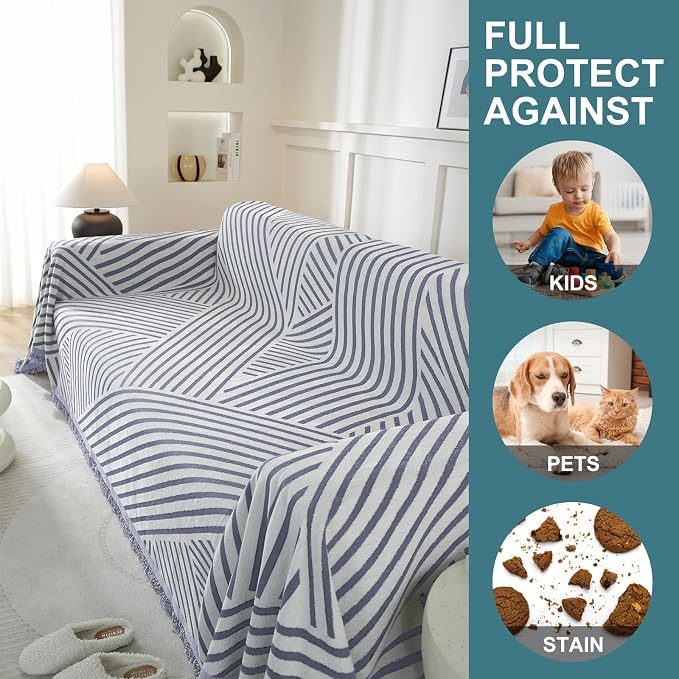 Couch Cover for Sofa, Boho Sofa Cover Washable Couch Cover for Dogs, Pet Sofa Cover for 2-Cushion Couches with Tassel Furniture Protector Cover,71" x 118",Light Gray-Line - Image 4