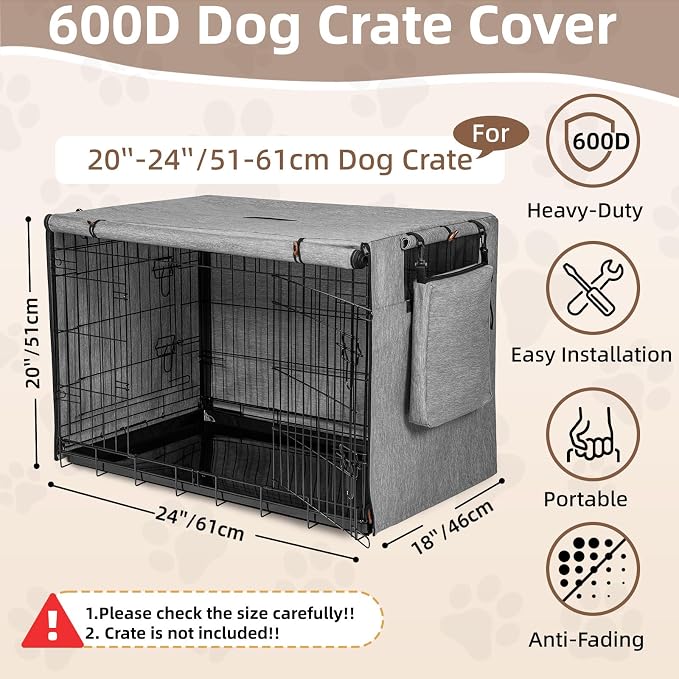 Dog Crate Cover for Anxiety,Water-Resistant & Windproof & Sun Resistant 600D Oxford Kennel Cover with Storage Bag,Calming Indoor Outdoor Pet Crate Cover for 24 Inch Wire Crates,Machine Washable,Gray - Image 5