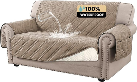 PrinceDeco 100% Waterproof Loveseat Covers for 2 Cushion Couch Sofa Covers Waterproof and Washable Sofa Slipcover with Side Pocket Furniture Protector with Elastic Straps(Loveseat 48", Taupe) by PrinceDeco
