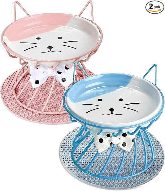 Set of 2 Elevated Ceramic Cat Dishes, Pink & Blue | Pink & Blue Set Detachable Bowls Elevated Design Whisker Friendly Non-Slip Pads by Trundisan