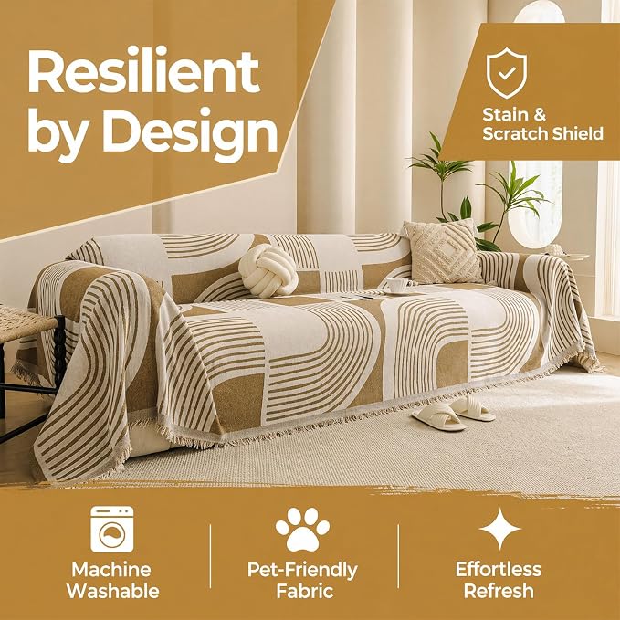 Heavy Duty Couch Cover for Sofa, Soft Chenille Pet Blanket, Anti-Slip Scratch-Resistant Protector, Modern Washable Furniture Shield Dogs 71"x118",Khaki - Image 2