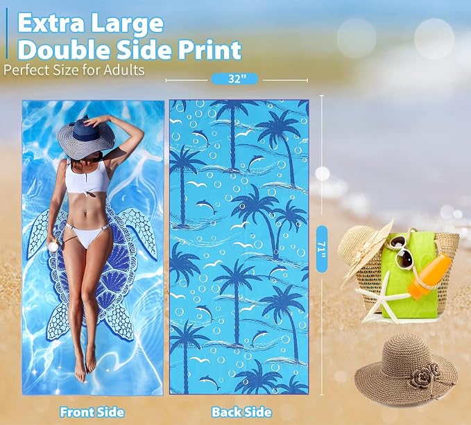TwoYek Microfiber Beach Towel Extra Large 71x32 inches Blue Turtle Print | Thin & Lightweight, Oversized Sand Free Quick Dry Towels for Travel Pool Camping Sports Accessories Vacation Essentials Gift - Image 3