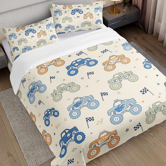 AILONEN Offroad Pickup Full Duvet Cover Set 3 Piece, Checkered Flag Printed Bedding with 2 Pillowcases, Microfiber Zipper Closure, Teen Guest Bedroom - Image 2
