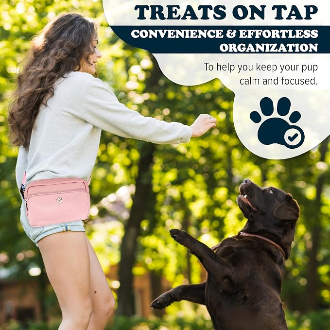 Puppington 3-in-1 Crossbody Dog Treat Pouch for Pet Training - Compostable Poop Bags, Built-In Poop Bag Dispenser, Slow-Feeding Travel Dog Bowl & Reflective Leash - Dog Walking Bag (Blush Pink) - Image 4