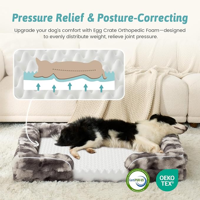COZY KISS Orthopedic Dog Bed for Large Medium Size Dog, Soft and Warm Faux Fur Sofa for Pet Up to 75 lbs, Foam Bolster Anti-Slip Couch with Washable Removable Cover, L 36x27x6.5 inch, Tie Dye Grey - Image 2